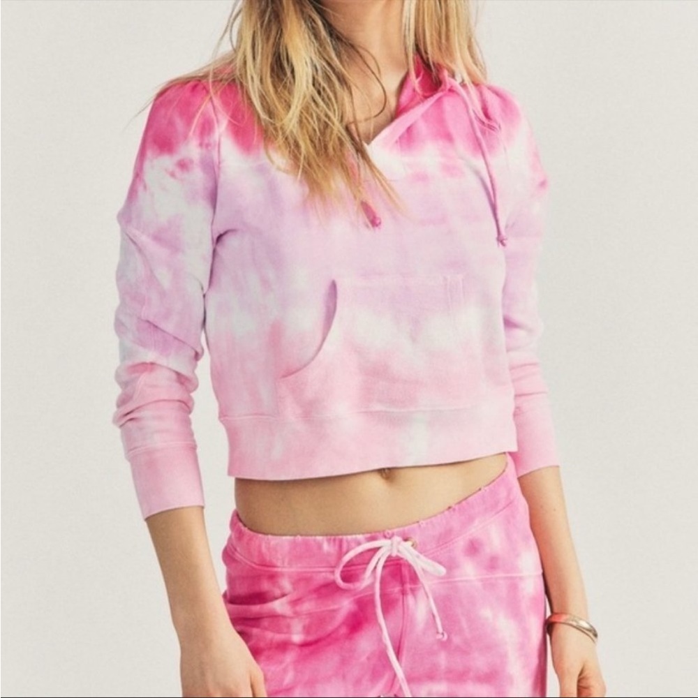 LoveShackFancy Cropped Hoodie Sweatshirt Bubble Gum Pink Tie Dye NWT Size Small